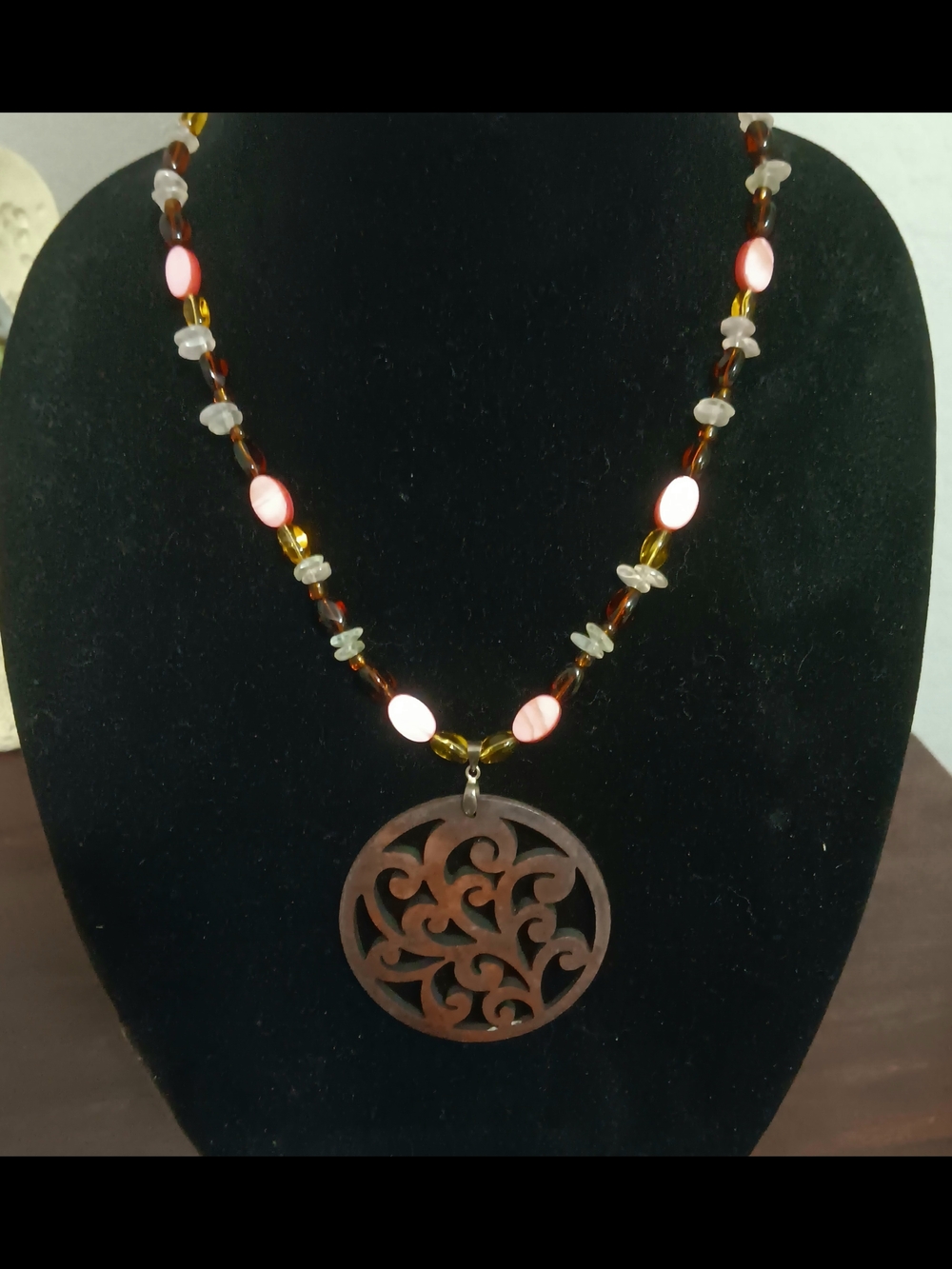 Wooden Round Pendant Necklace with Pink and Amber Beads